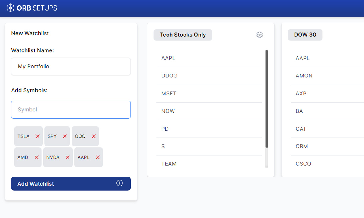 Create unlimited watchlists inside of the ORB Pro platform